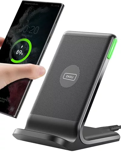 INIU 15W Cargador Inalámbrico, Base de Carga Inalámbrica Rápida con LED | Luz Adaptativa para Dormir, Temp°Guard Exclusivo, Estación de Wireless Charger para iPhone 18 17 16 Pro Max Samsung S25 etc